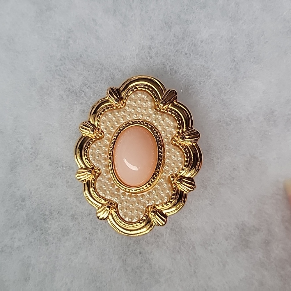 Vintage Gold Tone Brooch with Faux Pearls and Faux Pink Jade   Center